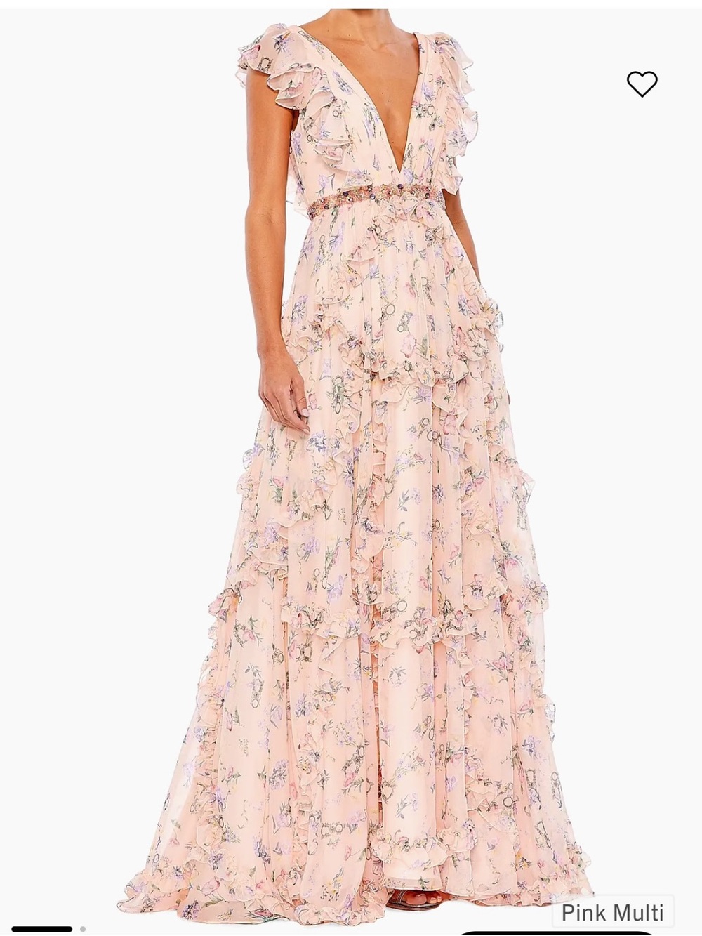 NWT Mac Duggal Women's Ieena Ruffled Floral Print Pink Gown, size 6